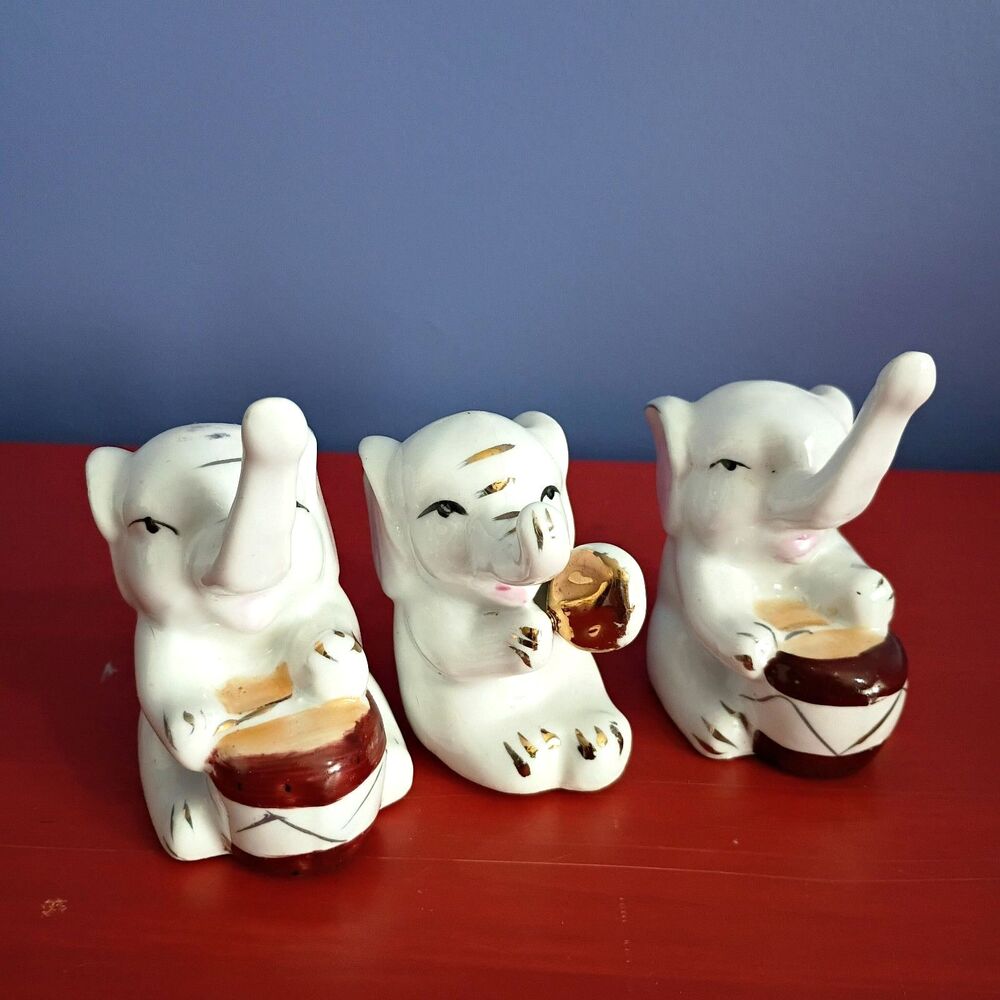 Set of 3 Vintage Elephant Ceramic Porcelain Figurines Playing Drums Japan